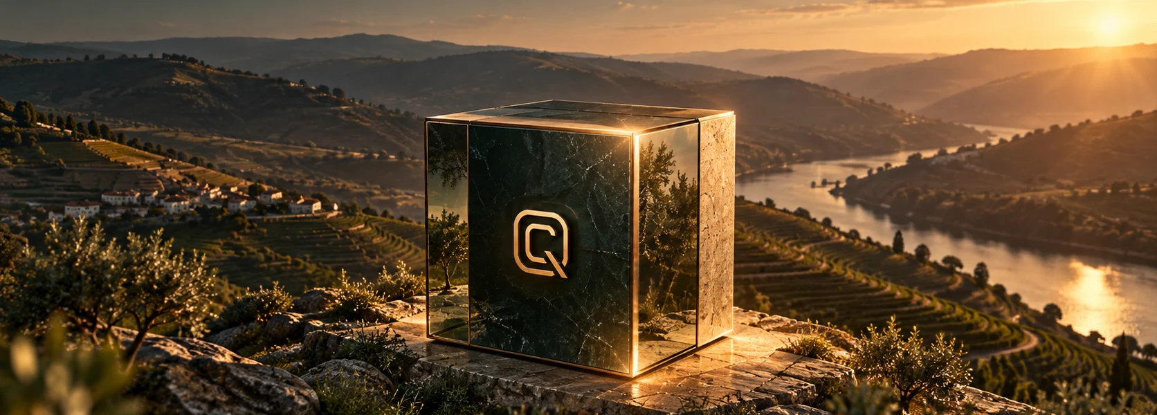 O cubo do CUBIQ sobre os socalcos do Douro ao fim da tarde